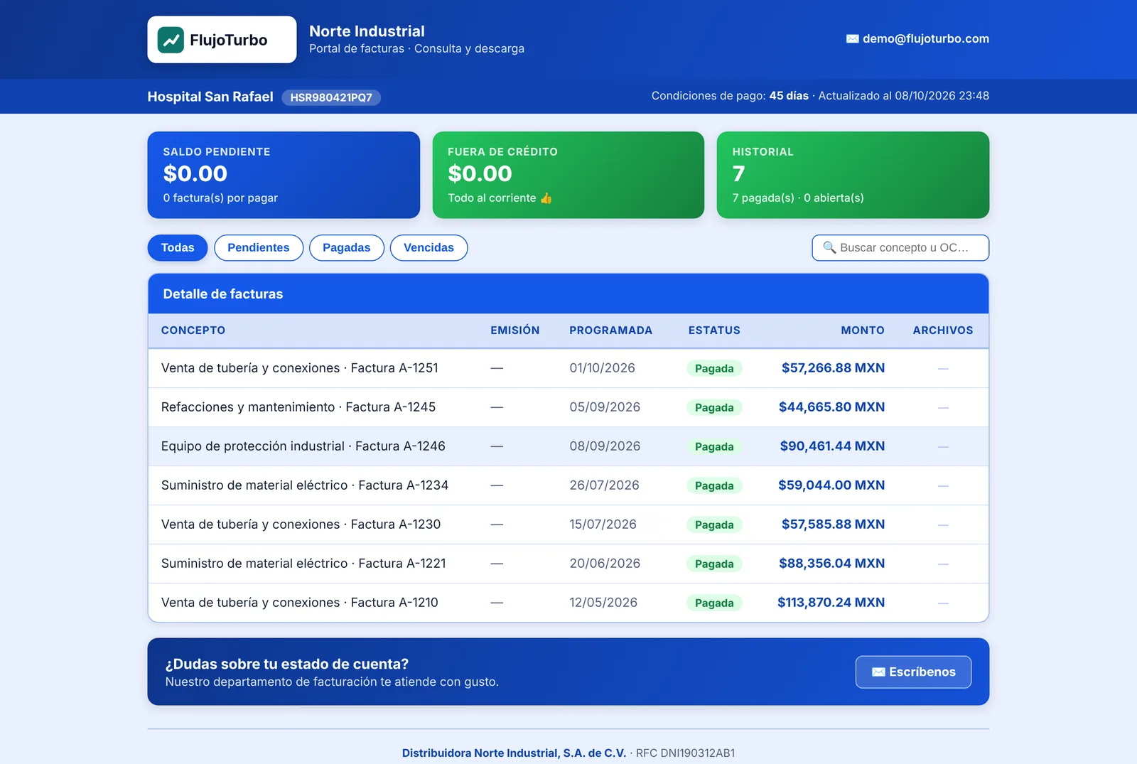 Portal de facturas para clientes con saldo pendiente, historial y detalle de facturas con su estatus